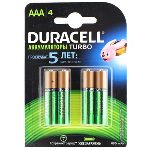 Аккумулятор бытовой Duracell R03 AAA BL4 NI-MH 850/900mAh предзаряженные (4/40)