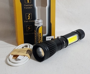 Фонарик аккум на Т6 LED + боковой COB LED (съемный Li-on 18650, USB-micro шнур в комплекте), 545