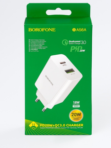 Сетевое З/У Borofone 3А, выход USB + TYPE-C, с кабелем Iphone-TYPE-C, BA56A