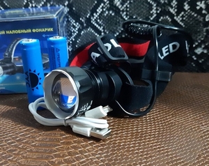 Фонарик налобный аккумуляторный (3 режима белый LED, синий LED, мигающий) YYC-T20-2