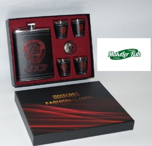 Набор кожа фляга 8OZ (225мл), 4 стопки, лейка СССР 006