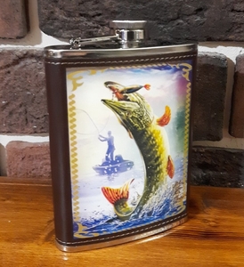 Фляга кожа, металл нержавейка 8OZ "Щука"